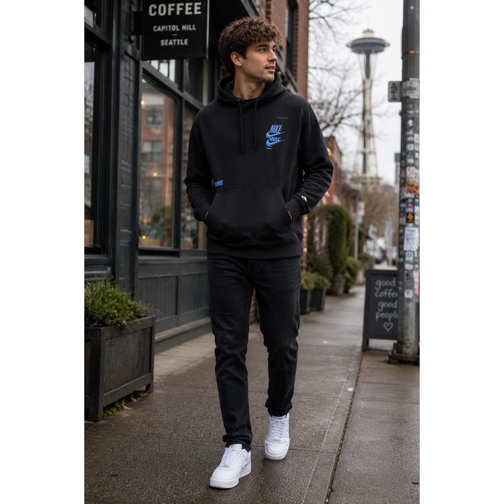 Nike Sportswear Hoodie Black Embroidered Stacked Swoosh Pullover Sweatshirt S